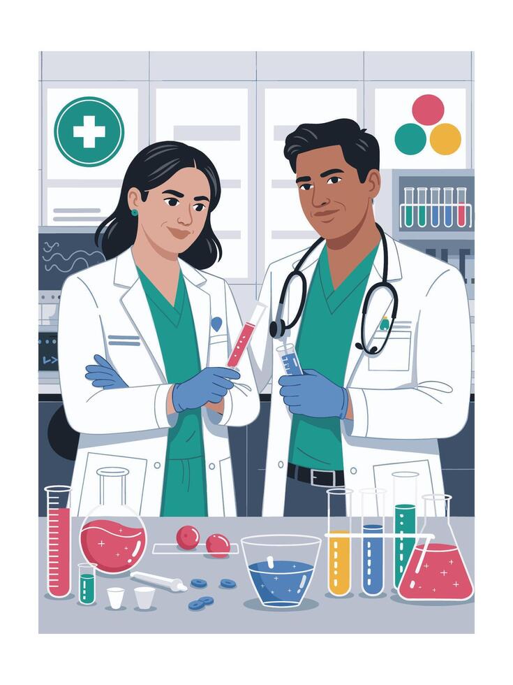 Diverse medical researchers collaborating in a modern lab setting vector