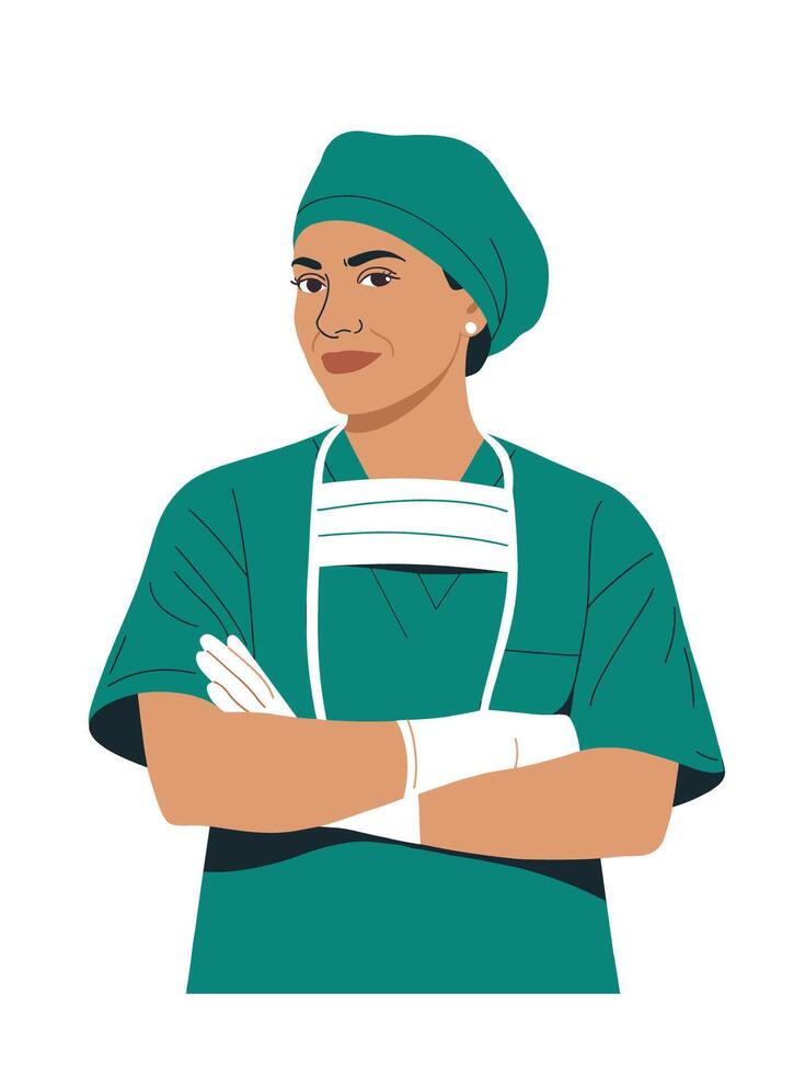 Confident female surgeon in teal scrubs and surgical cap vector