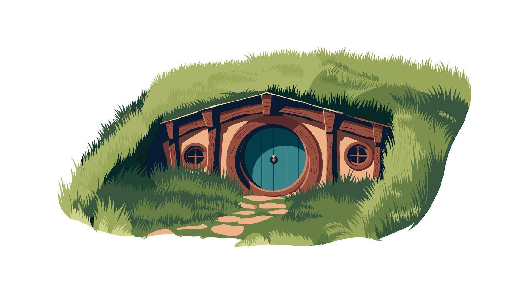 Hobbit hole illustration grassy roof and round door vector