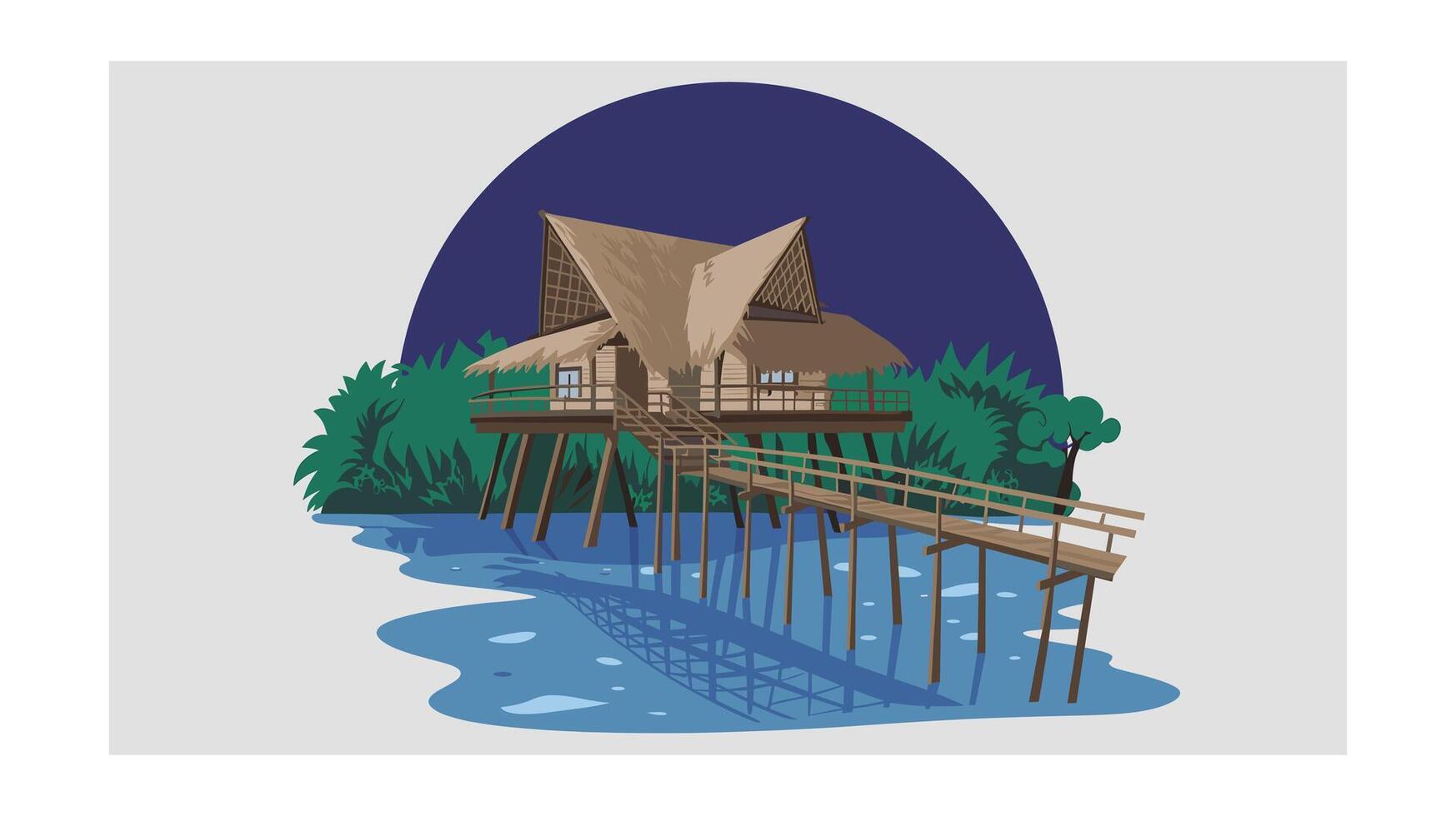 Tropical overwater bungalow with wooden bridge vector