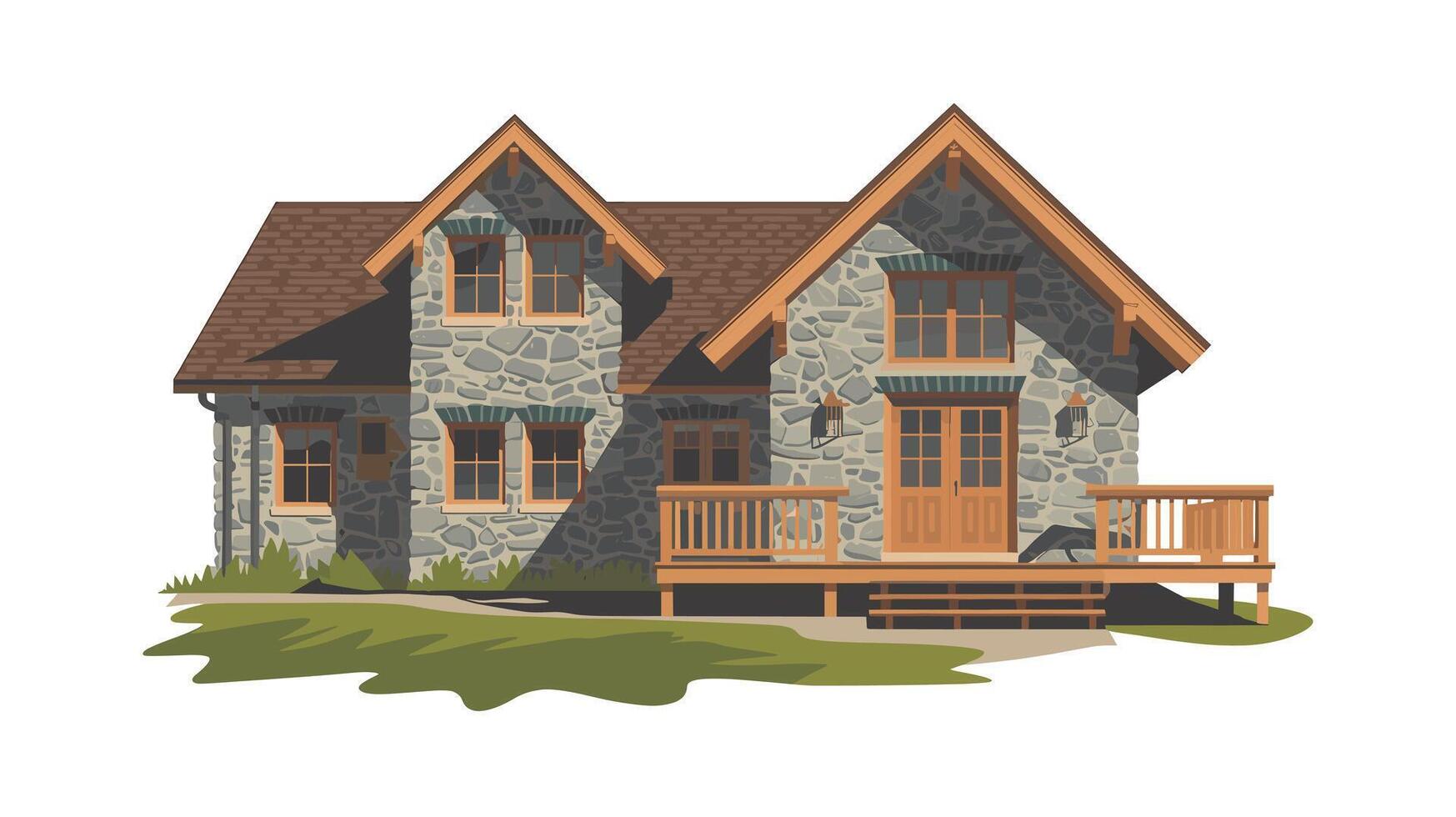 Stone house with wooden deck and brown roof vector