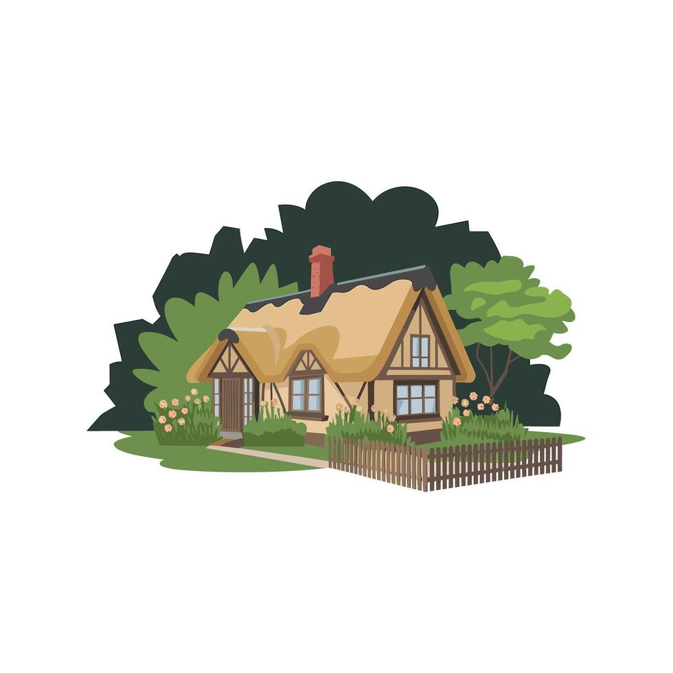 Charming thatched roof cottage with garden fence vector