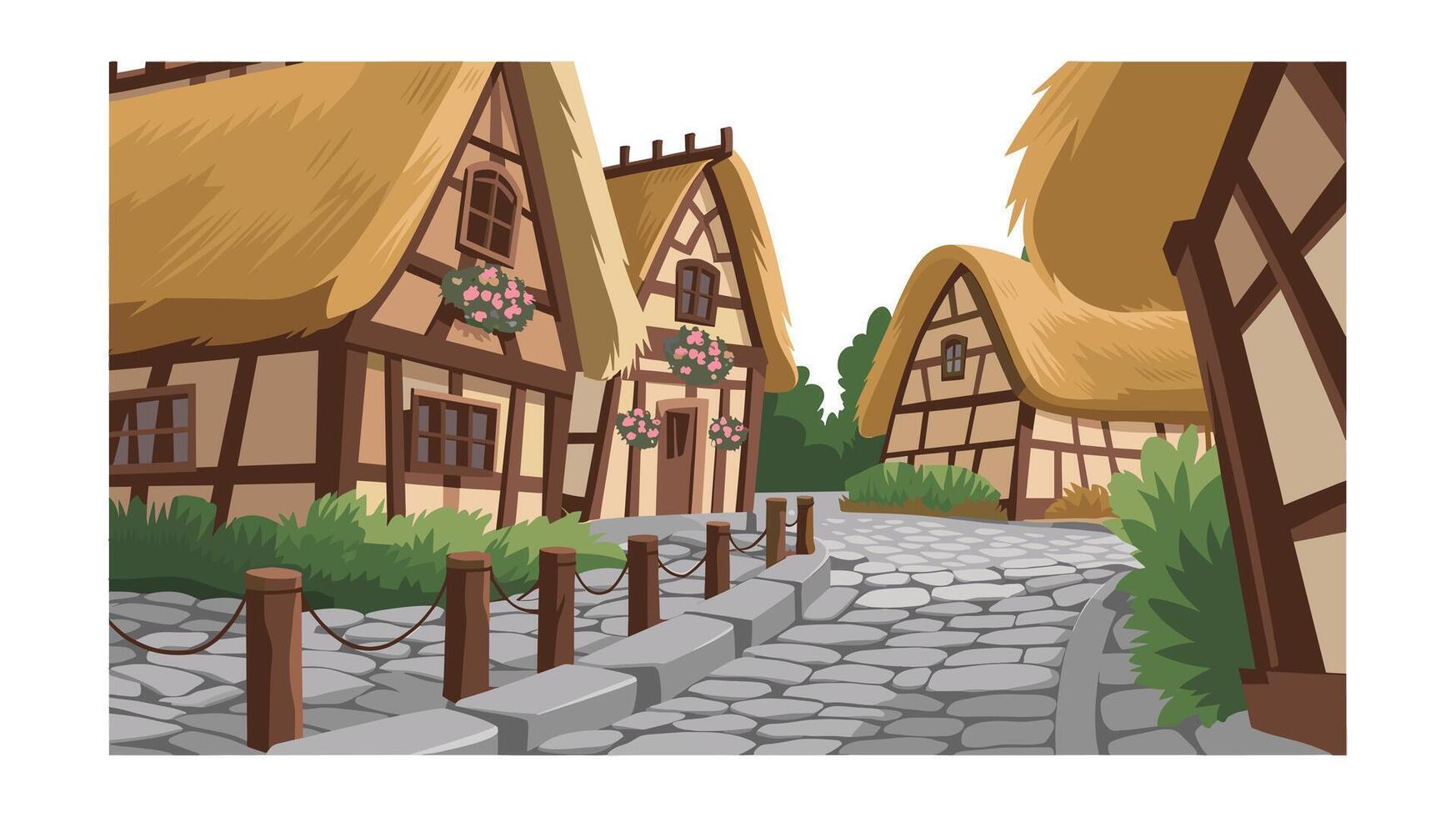 Charming medieval village street scene with thatch roofed houses vector