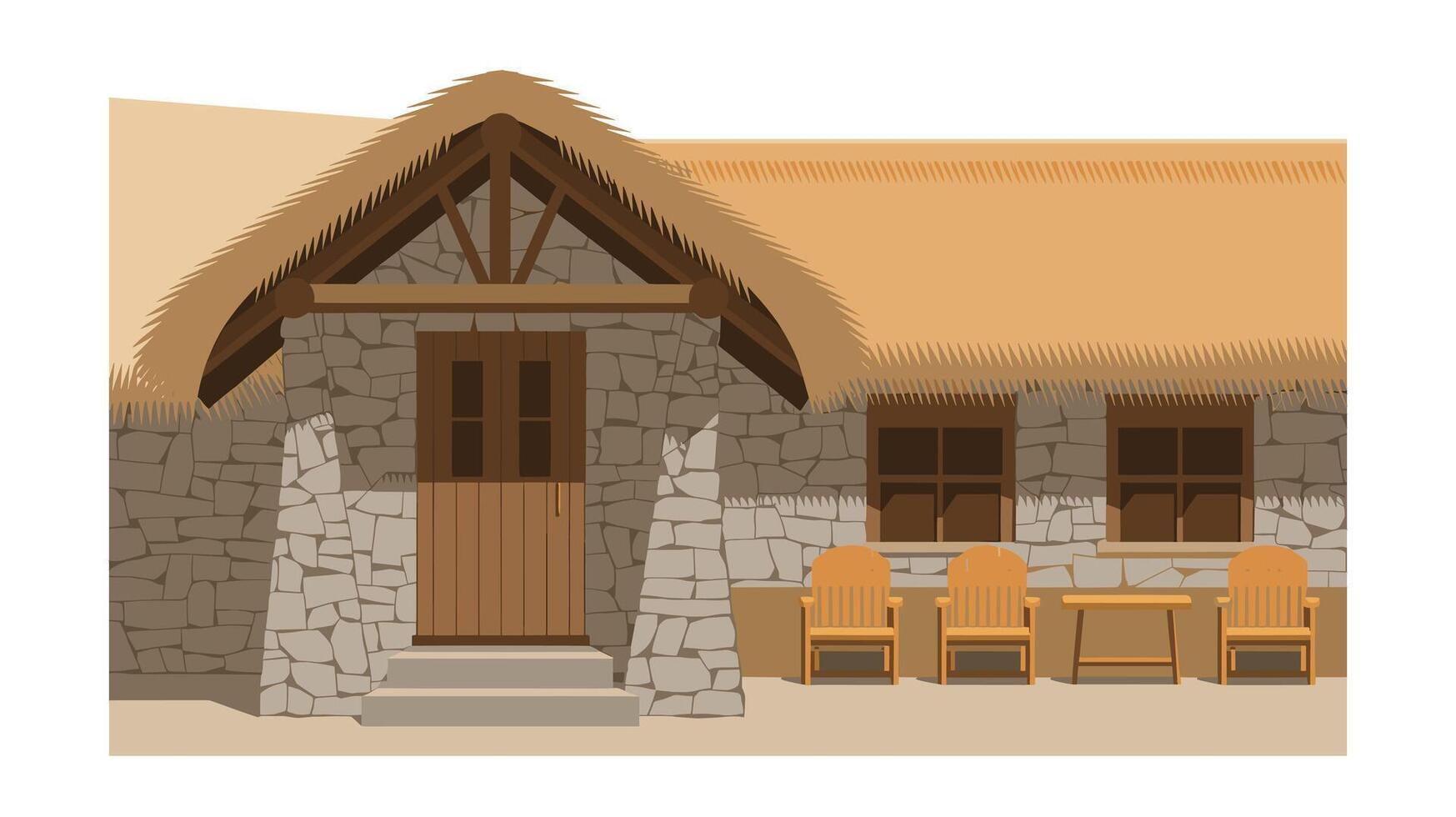 Stone cottage with thatched roof and patio vector
