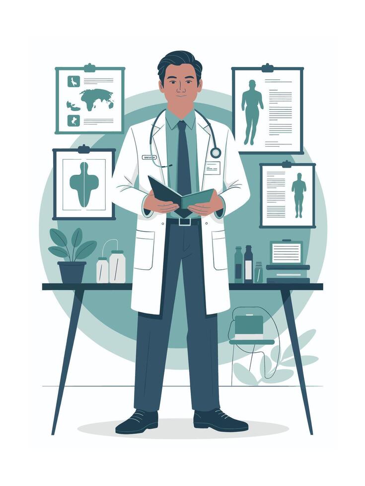 Confident male doctor reviewing patient charts in office vector
