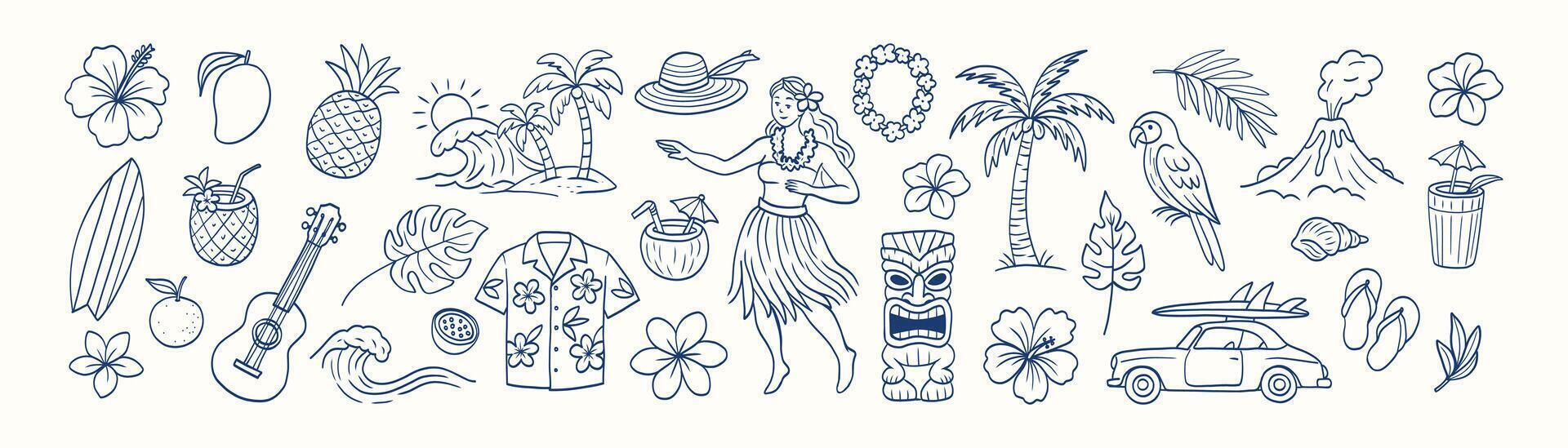 A blue and white image with a variety of tropical fruits and animals. The image is a collage of different elements, including a guitar, a car, a boat, and a person wearing a Hawaiian shirt vector