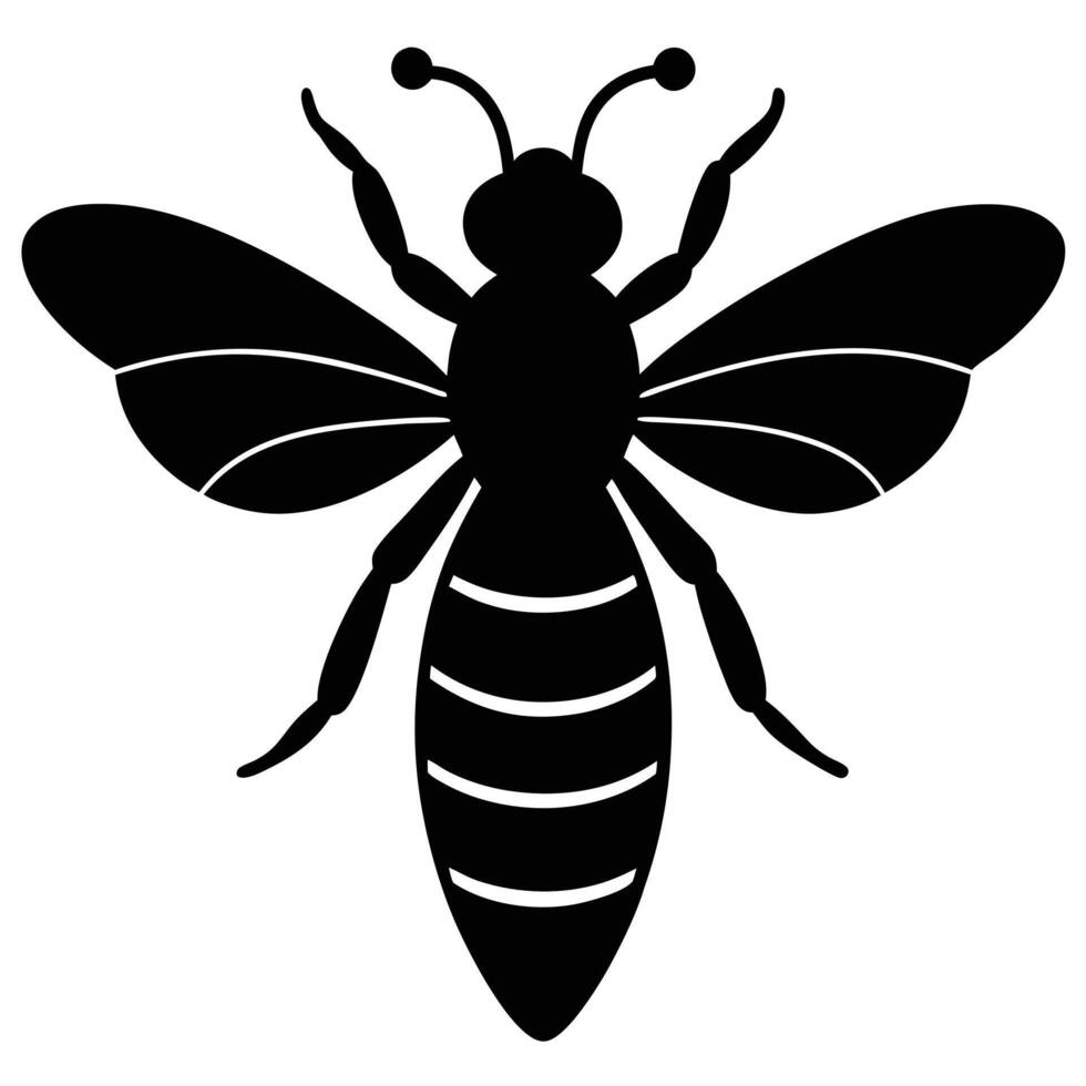 A simple black and white illustration of a bee depicted in silhouette against a white background vector