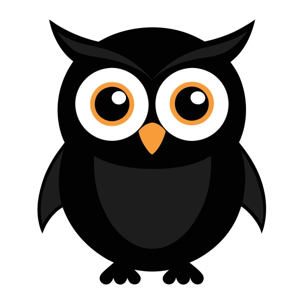 Cute cartoon owl character with large eyes in black color and isolated white background. vector