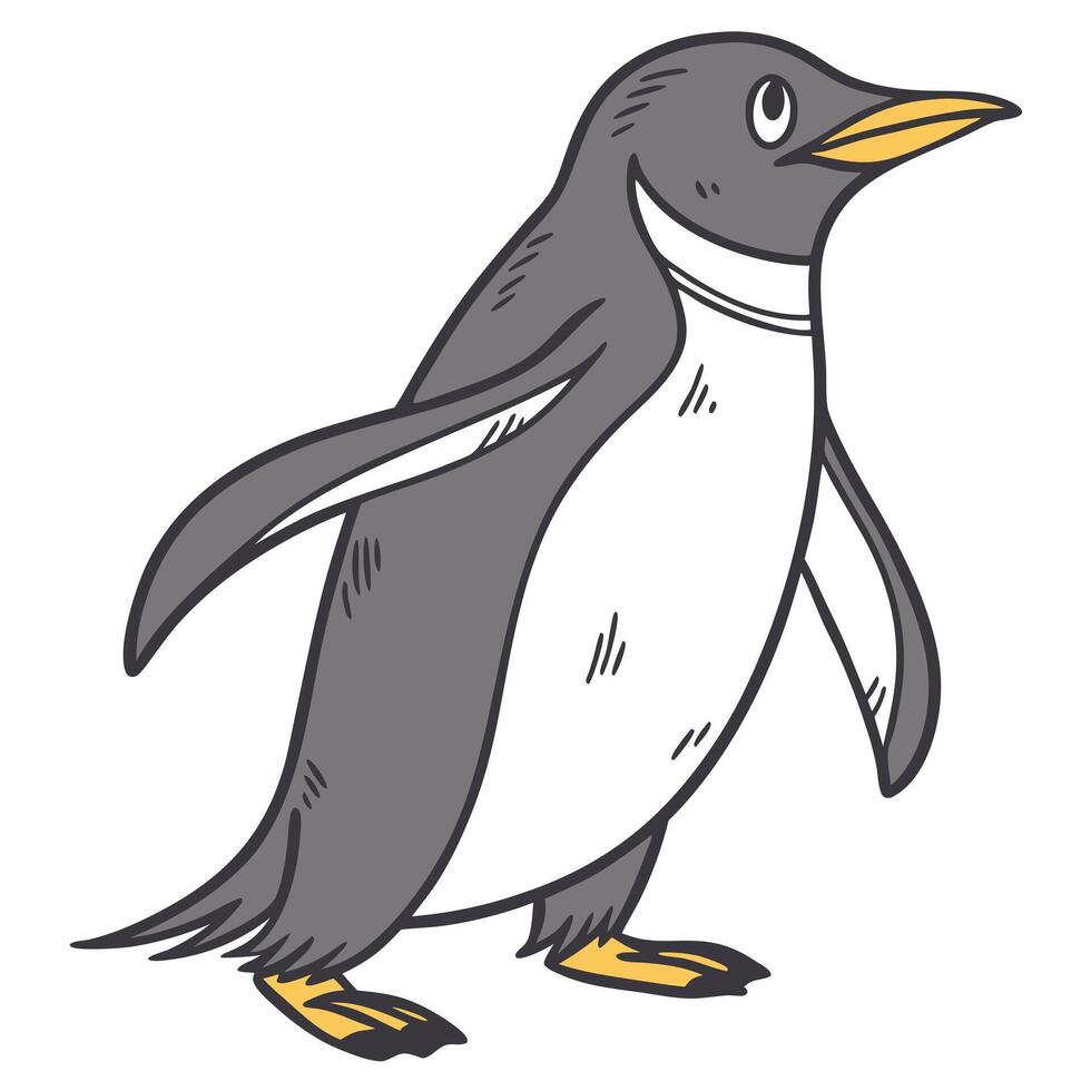 Cartoon illustration of a friendly penguin with grey and white coloring on a white background vector