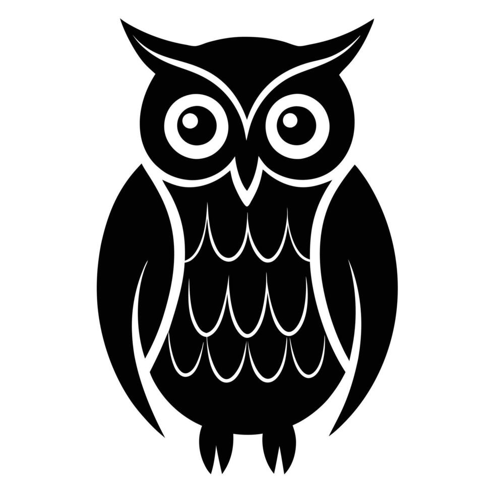 A sleek black and white illustration depicting a detailed minimalist graphic owl design. vector