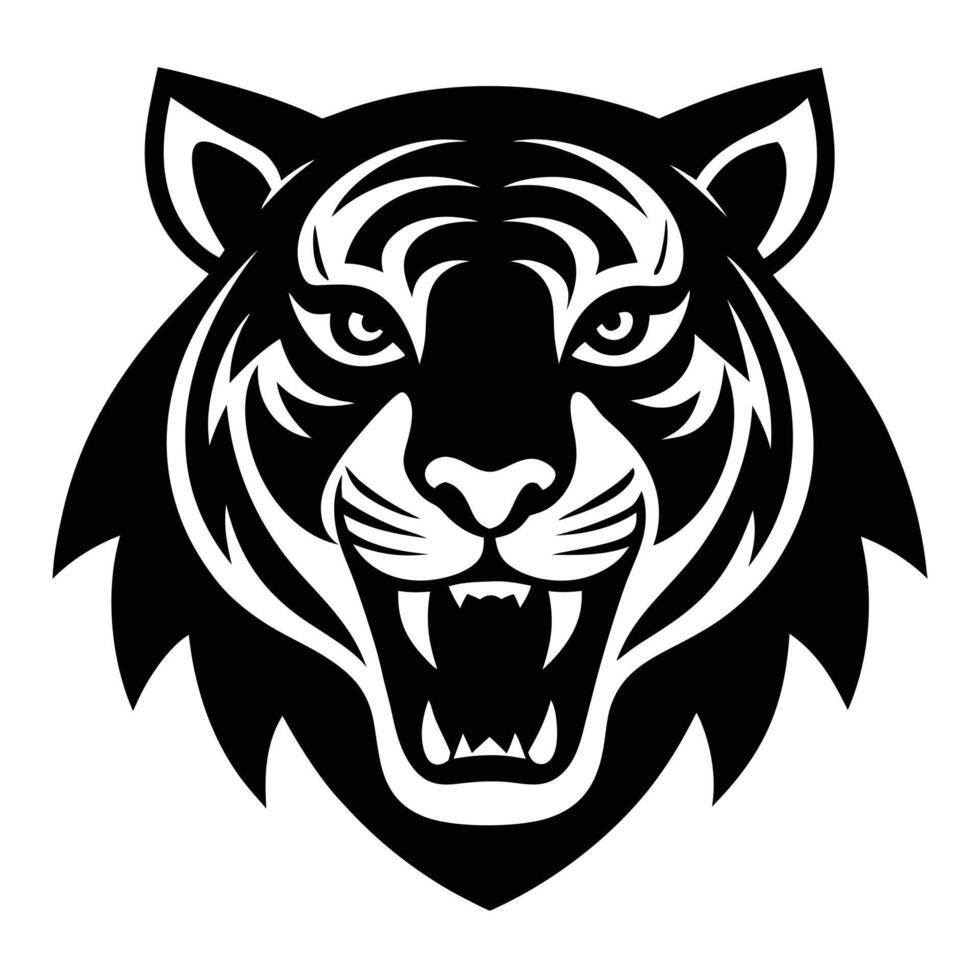 Fierce black and white tiger head with open mouth roaring aggressive expression illustration vector