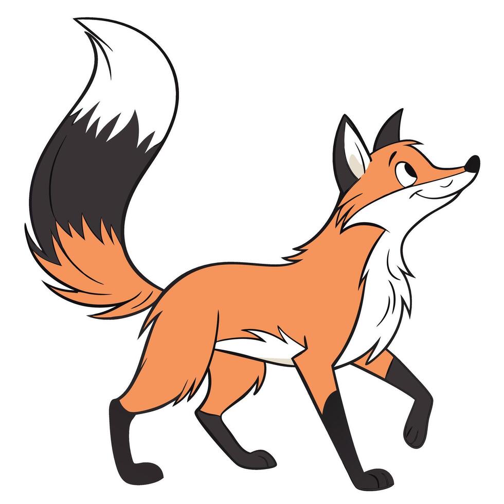 Charming cartoon fox illustration in walking pose featuring orange fur black accents and a friendly expression vector