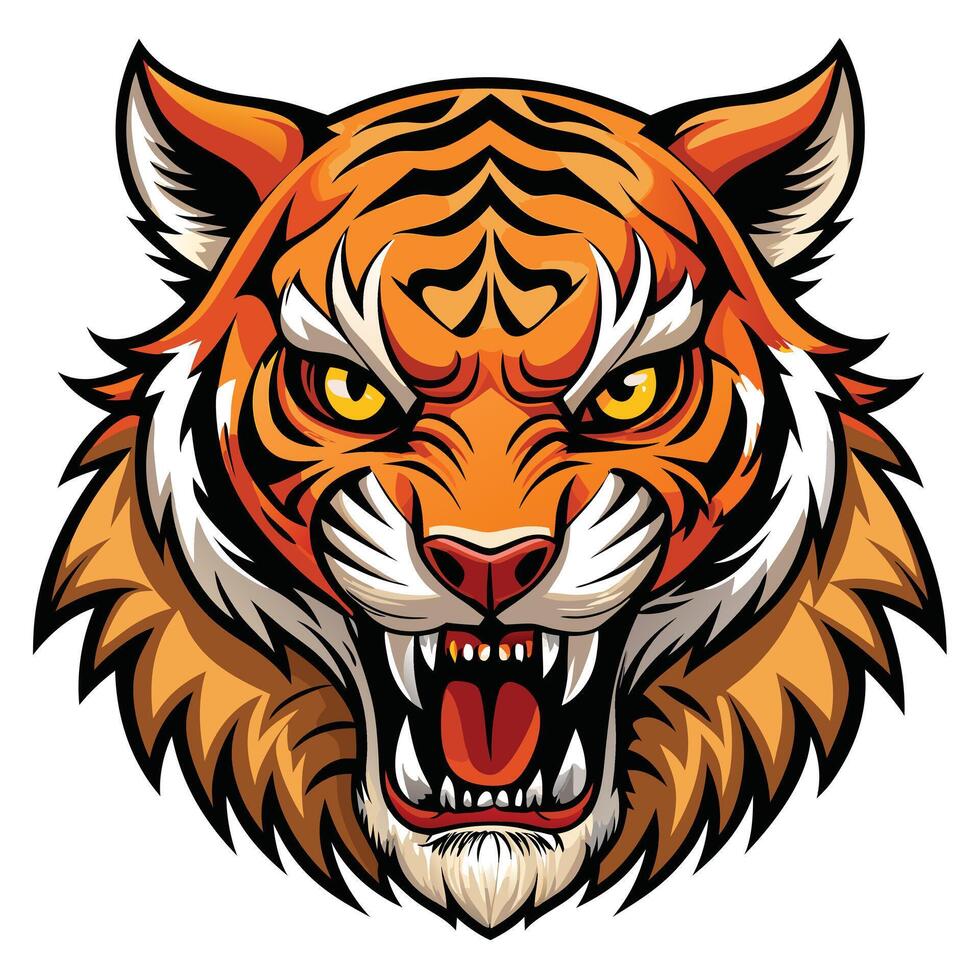 Fierce tiger head illustration depicting anger and aggression with sharp fangs and intense eyesight vector