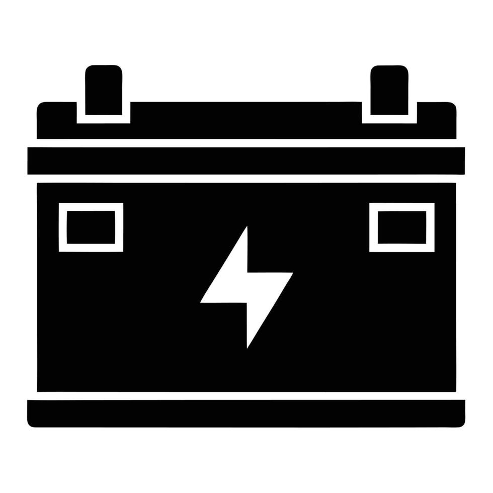 Simple black and white icon illustration of a car battery with electrical power symbol vector