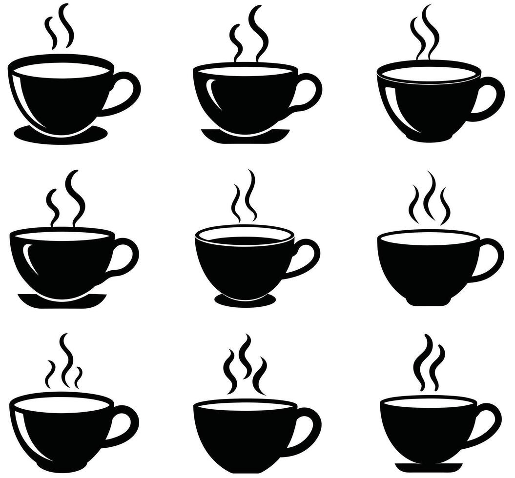 Elegant and minimalist illustrations of steaming coffee cups showcasing various artistic designs. vector