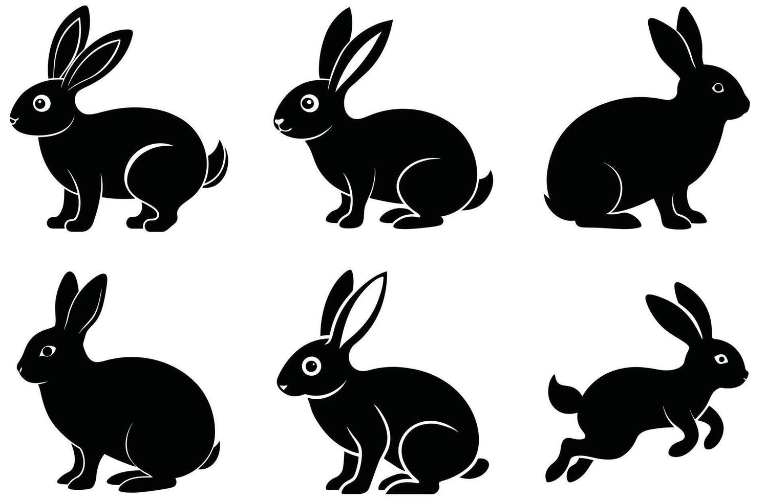 Silhouette illustration of six different poses of rabbits against a clean white background for design vector