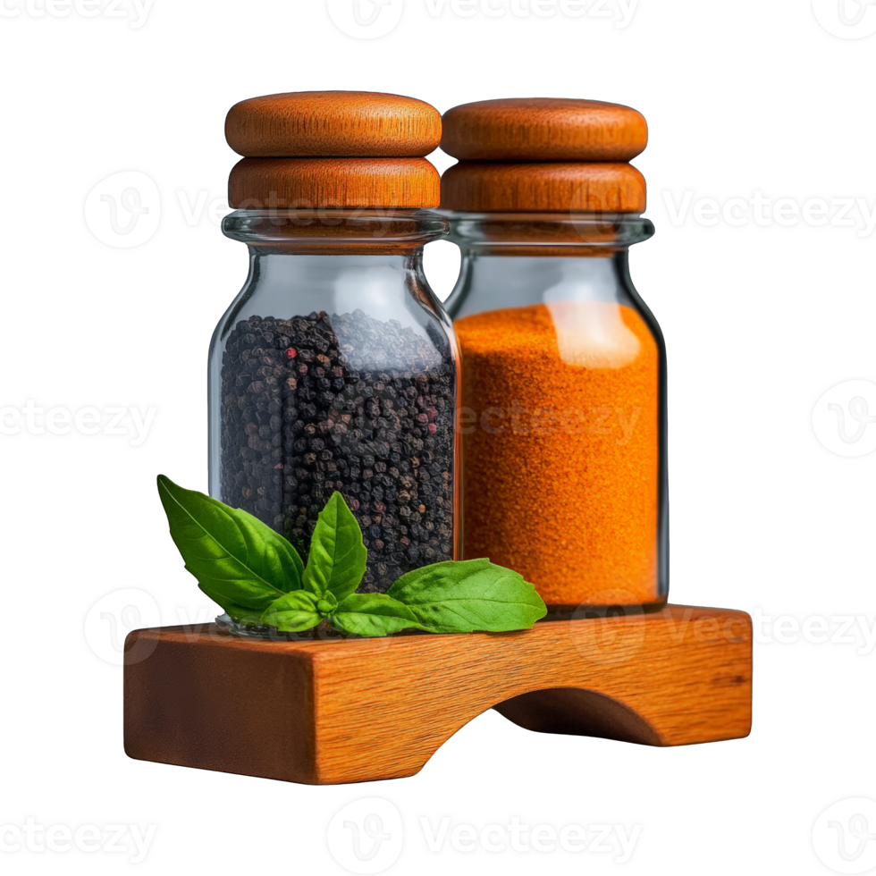 Rustic wooden spice rack with glass containers png