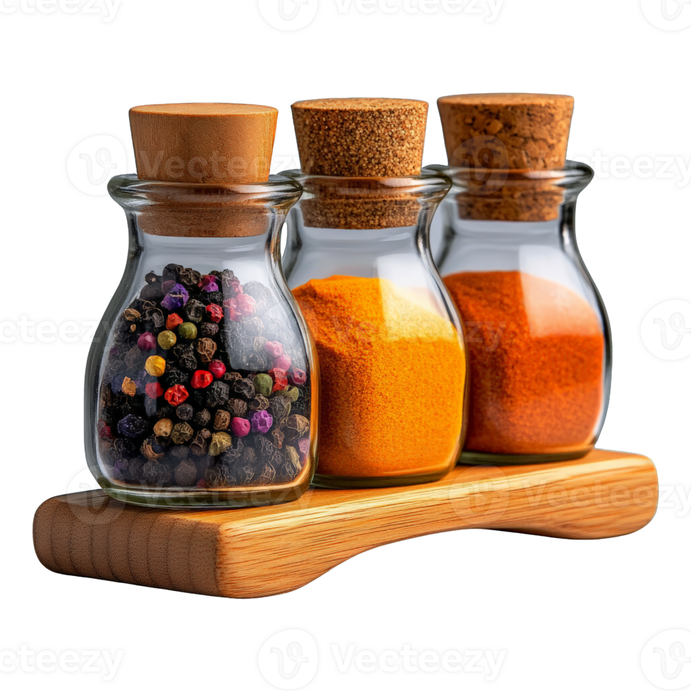 Wooden spice rack with glass jars organized png