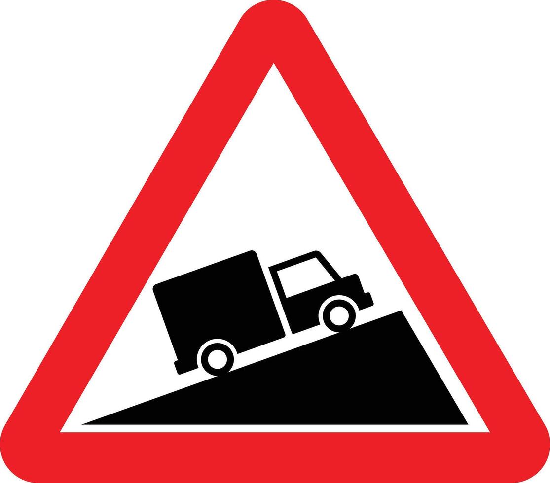 Steep uphill slope moving car warning sign on mountain road. warring sign. Red triangle background. red triangle sign with a truck on it vector