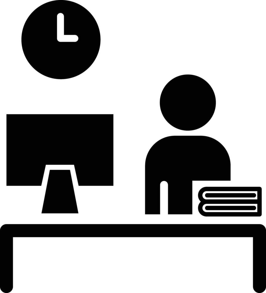 Office desk icon. office workplace with desktop computer icon. black and white icon of a person sitting at a desk with a clock and a computer vector