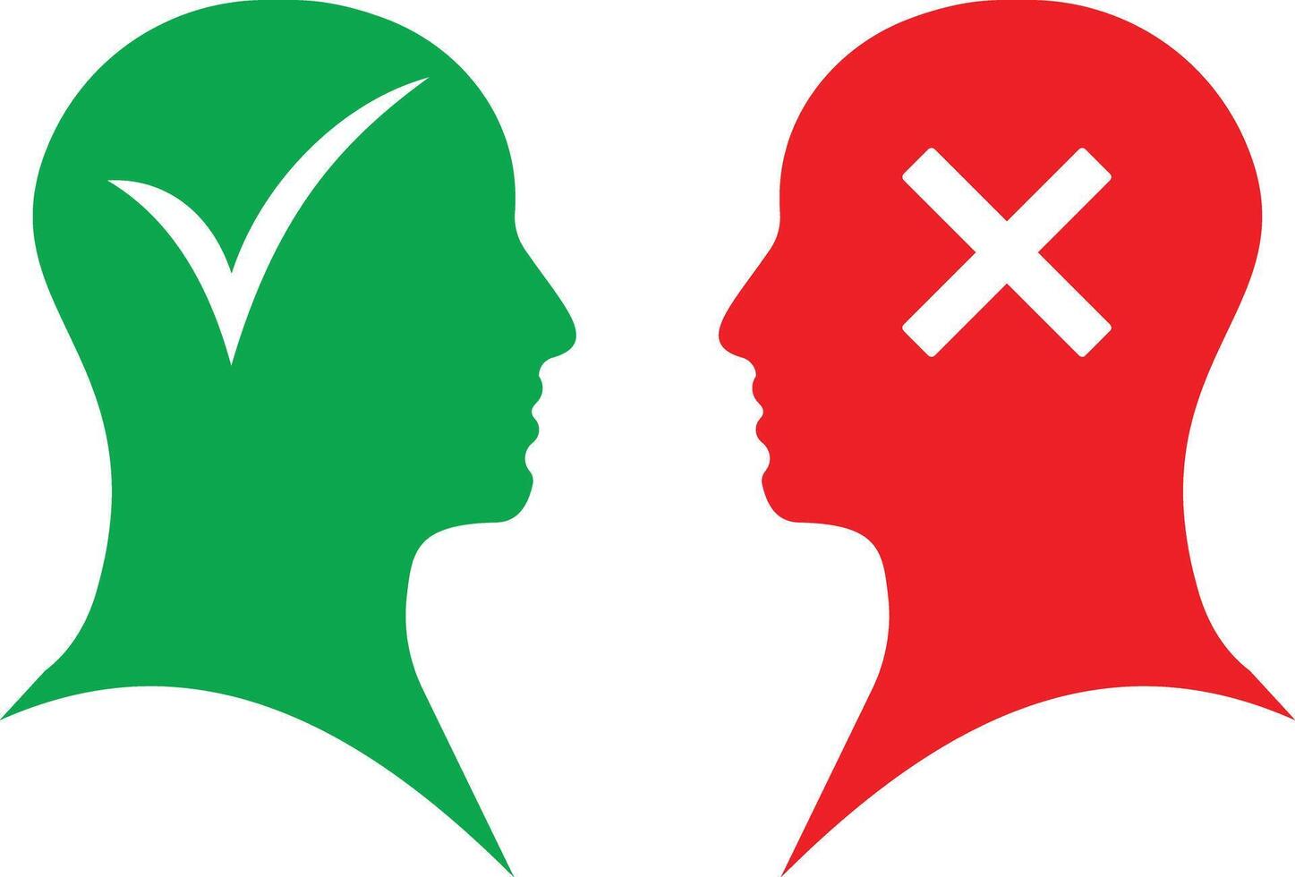 Tick and Cross Human Heads icon set. isolated flat editable icon of right and wrong mind concept. two heads with crossed ticks on them vector