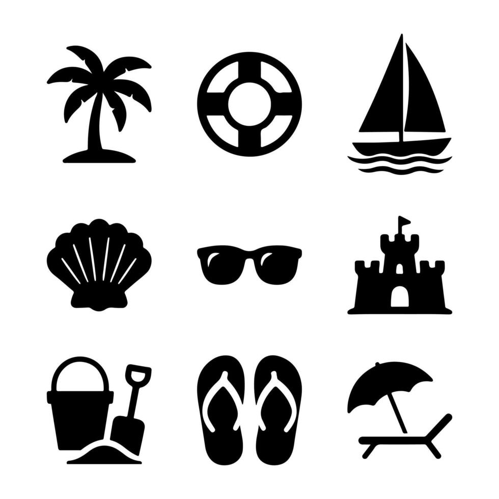 Simple black and white beach themed icon set vector