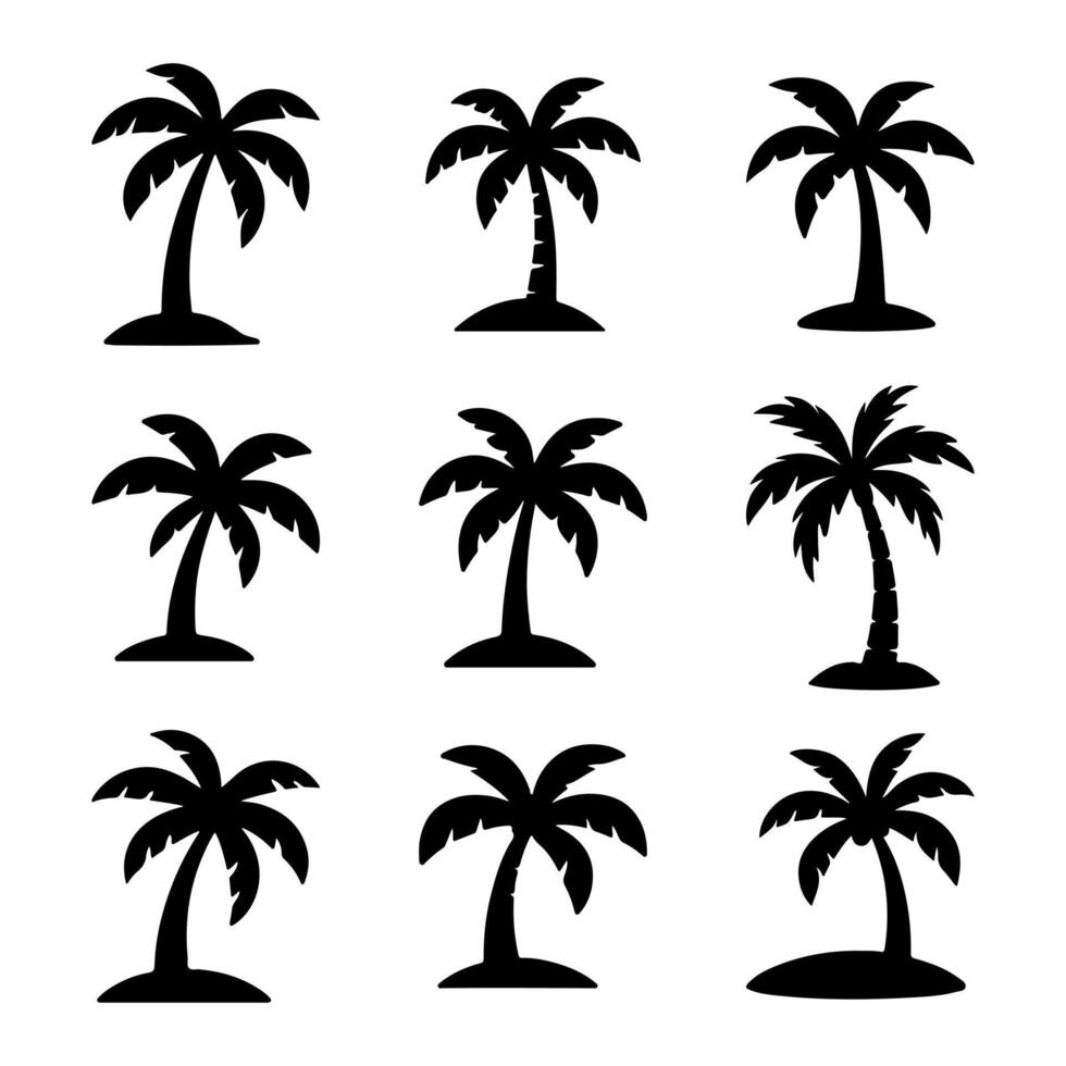 Black palm tree icons set, isolated summer elements vector