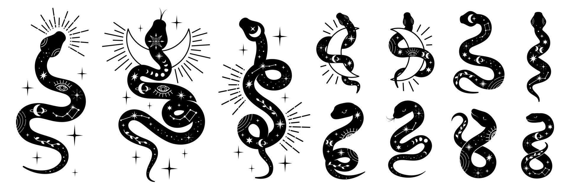 Mystical Snake Set. Magic Snakes with Moon, Stars and Esoteric Symbols vector