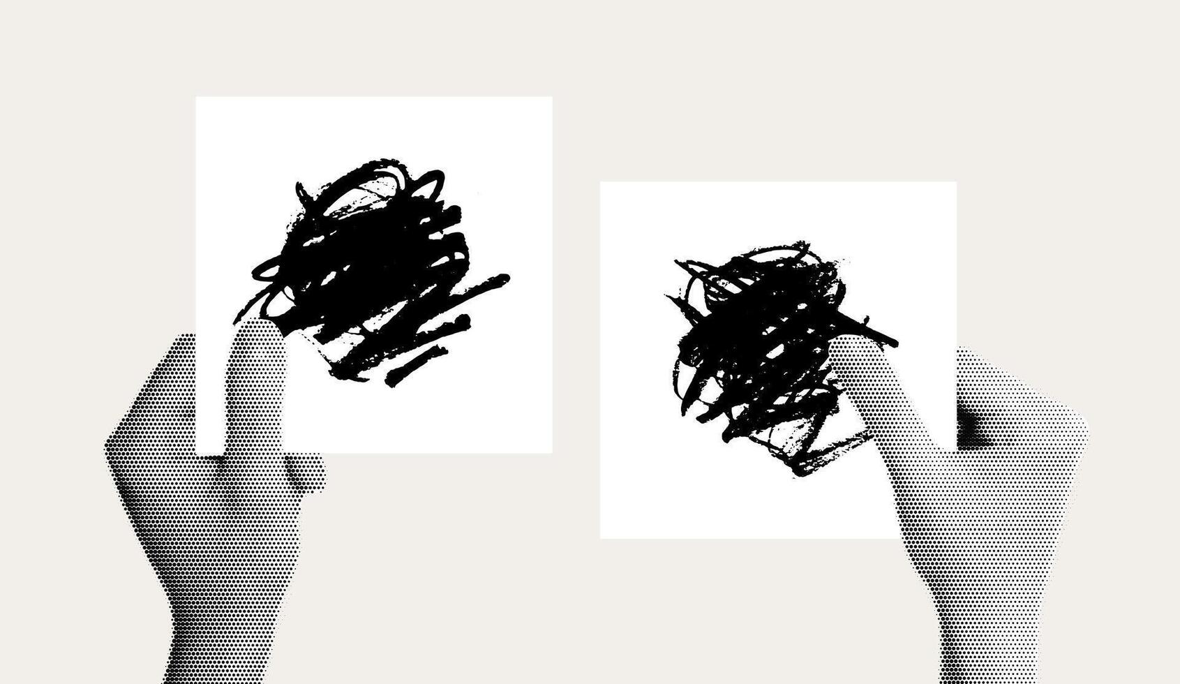 Abstract Print with Halftone Effect of Hands Holding Scribbled Art Cards vector