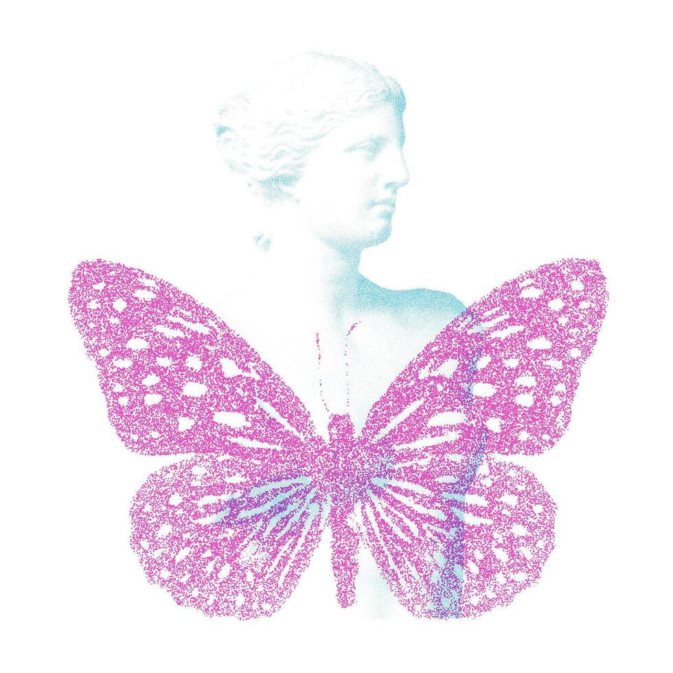 Risograph Print with Photocopy Effect Featuring a Butterfly and Venus Statue vector