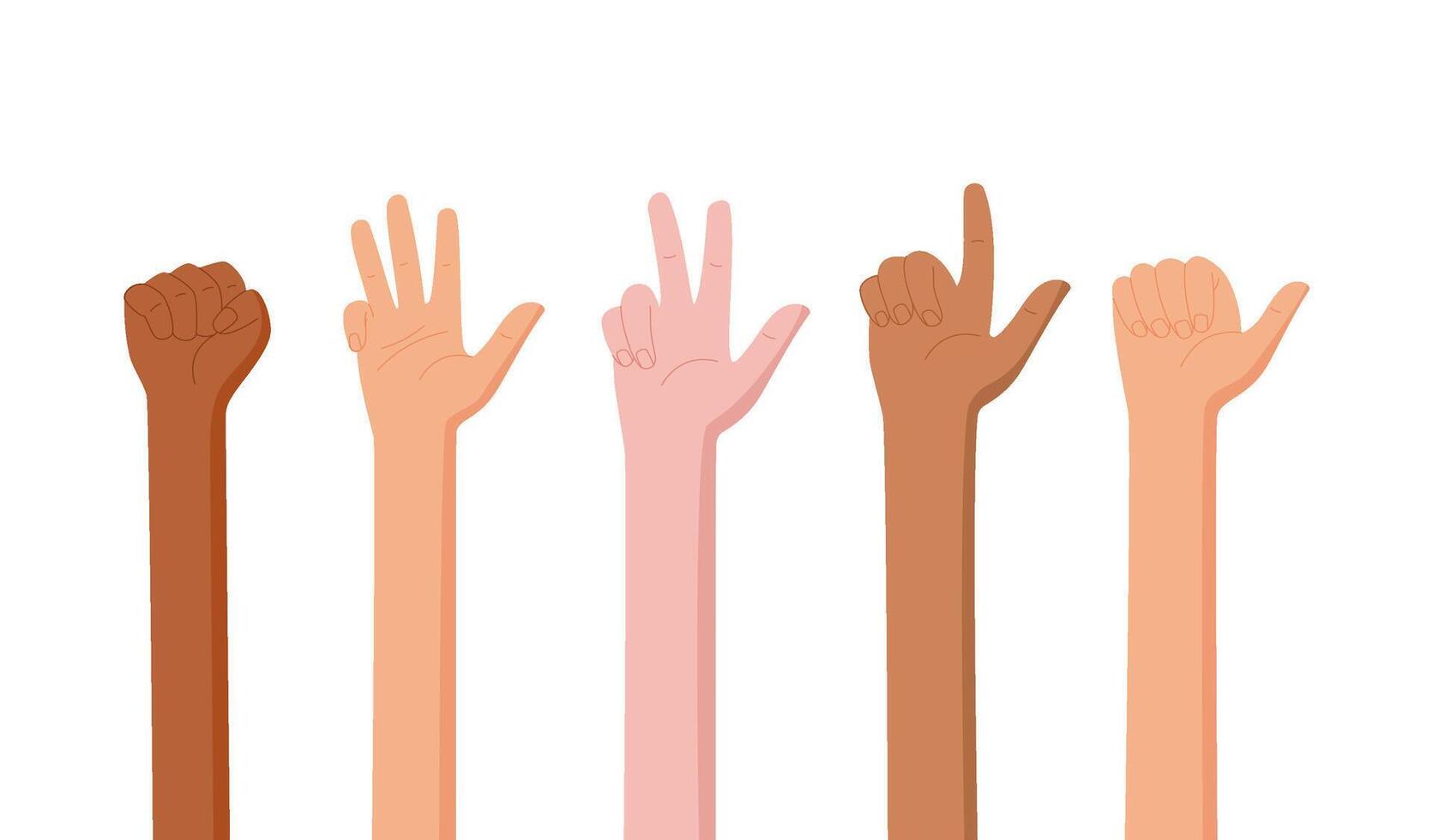 Finger count set in cartoon graphic style shows various numbers. Gesture and bare arm illustrations present different ways to count and are perfect for educational elements. Flat people style suits vector