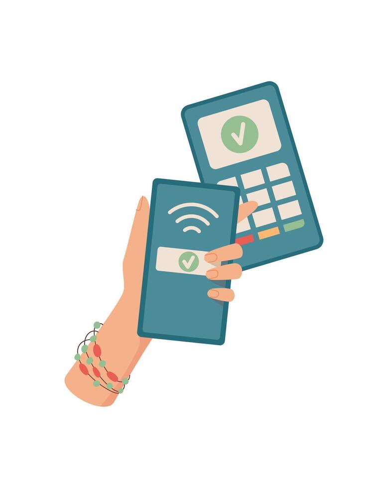 Hand holding a phone for nfc payment. A gesture of cash transaction with a digital device. Context of economy and finance, flat style, ideal for business and banking applications. vector