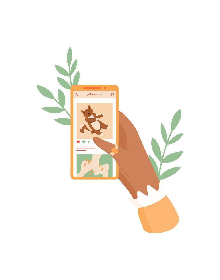A hand holds a smartphone displaying a social media app. A person uses their mobile device to engage with digital media. The smartphone screen shows content from the application, flat style, perfect vector