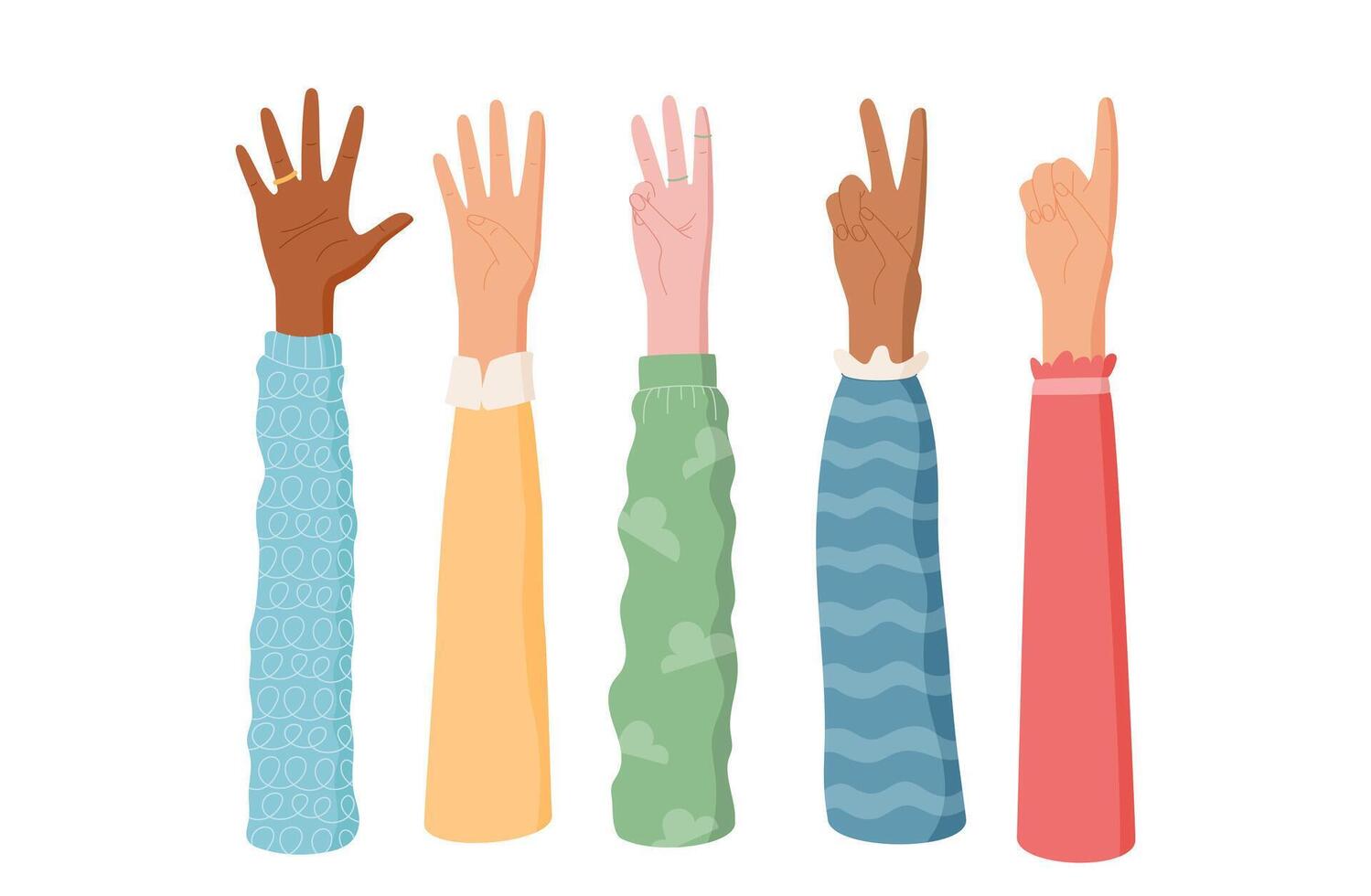 Hands count with fingers in cartoon graphic style set. Gestures display different numbers from one to five. People use these character icons for educational materials, with flat appearances, vector