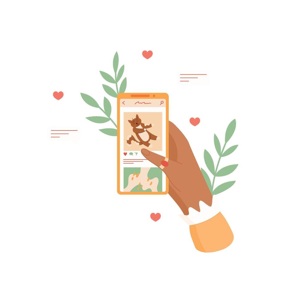 A person holds a phone displaying a media app. A hand interacts with smartphone featuring photo application. This modern technology emphasizes chat, flat design, ideal for social media projects. vector