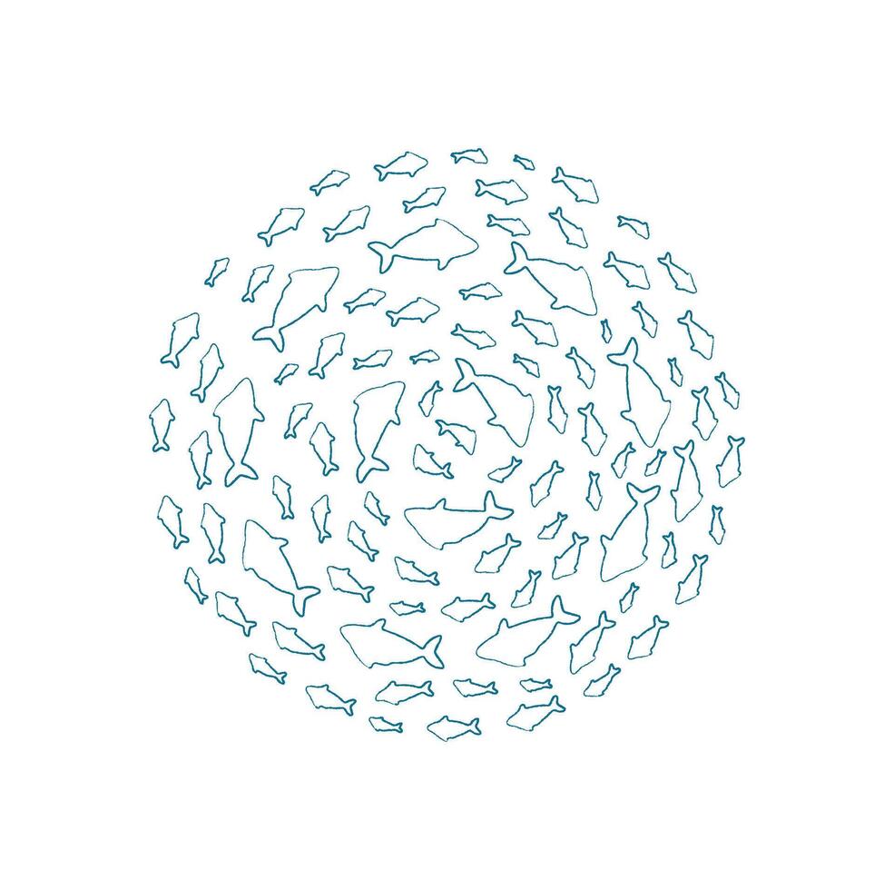 Chalk fish school pattern. Many silhouettes of aquatic creatures swim in the ocean. Abstract design, undersea concept, perfect for summer projects and marine life illustrations. vector