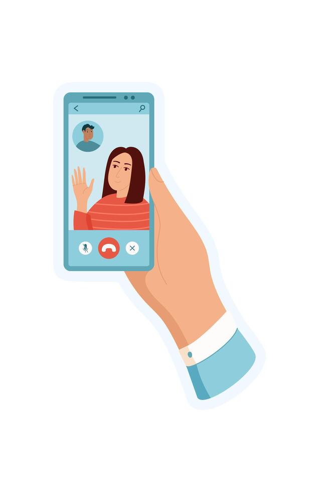 Sticker of hand holding phone shows a user using a smartphone for call. This image displays person interacting with an app on the screen. It highlights the technology and communication vector
