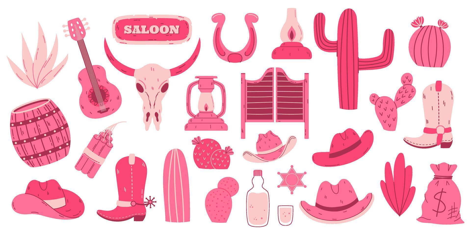 Collection of pink Wild West-themed icons featuring cowboy hats, boots, cacti, skulls, and saloon elements. Cartoon-style illustrations for design projects. Isolated graphic elements vector