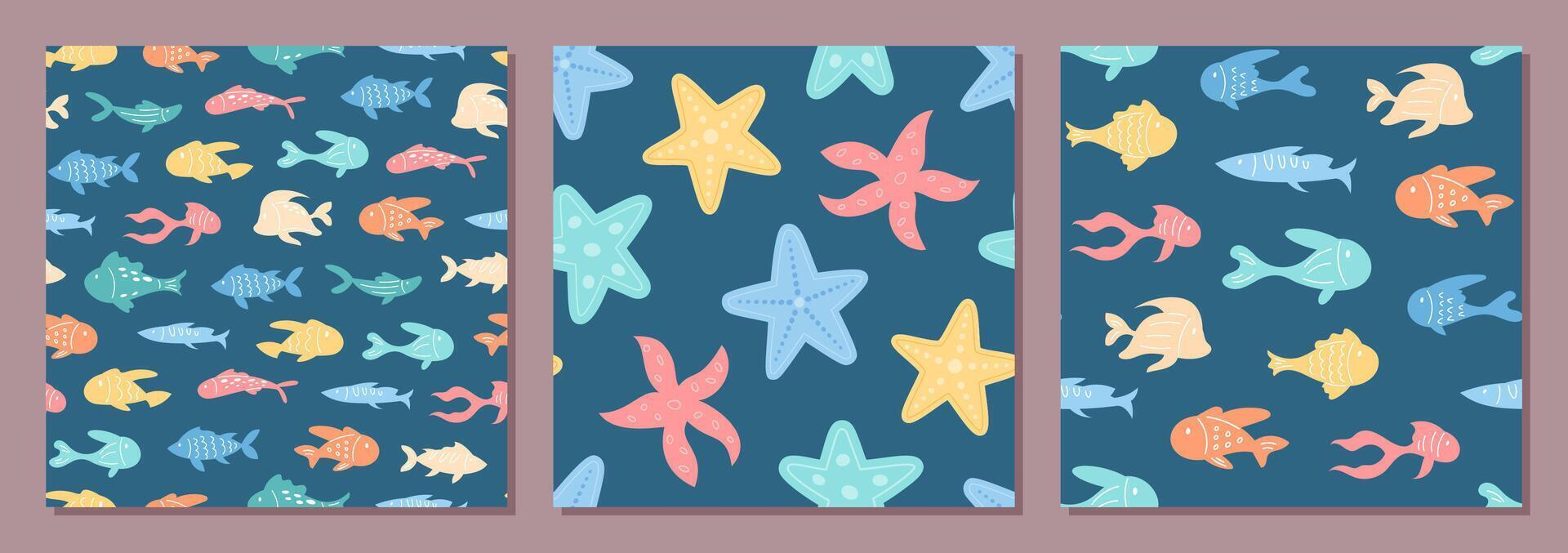 Seamless underwater pattern with aquatic fish and starfish in flat cartoon graphic style set. Marine creatures swim in an ocean scene. Vibrant summer design for backgrounds and decor. vector