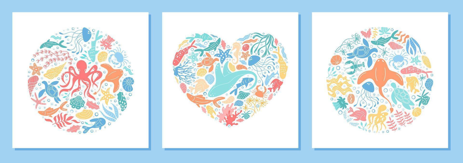 Underwater concept with round marine shapes in cartoon graphic style. Aquatic plants, starfish, jellyfish, and reef elements form heart and circle patterns. Ocean background for graphic creative vector