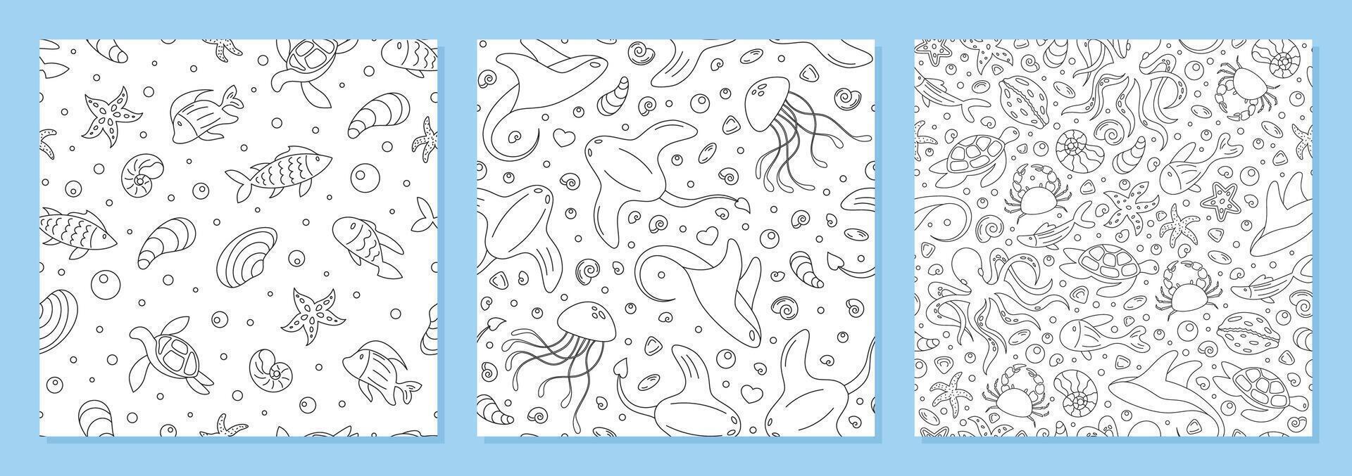 Underwater seamless cartoon pattern set with outline marine creatures. Fish, jellyfish, turtles, and starfish swim across the ocean in a playful style. Perfect for aquatic backgrounds or marine vector