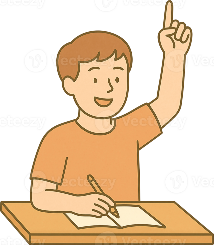 A boy sitting at a desk with his hand up png