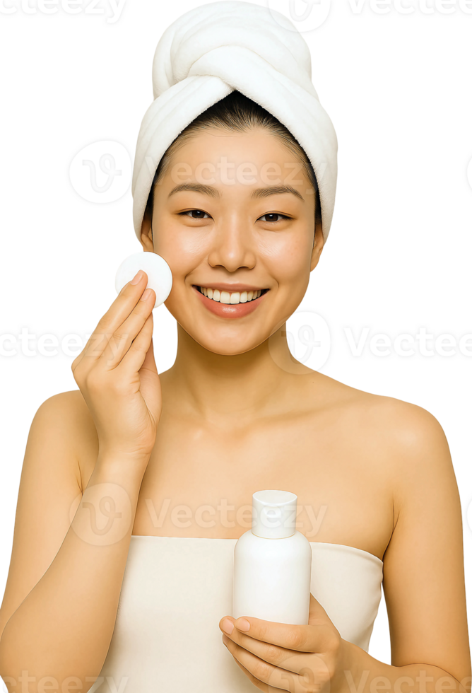 Asian woman with towel on holding a bottle of face wash png