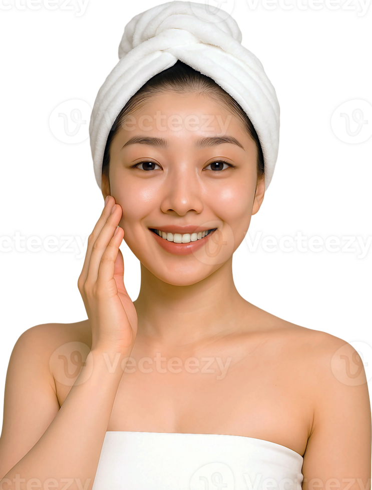 Asian woman with towel on her head and smiling png