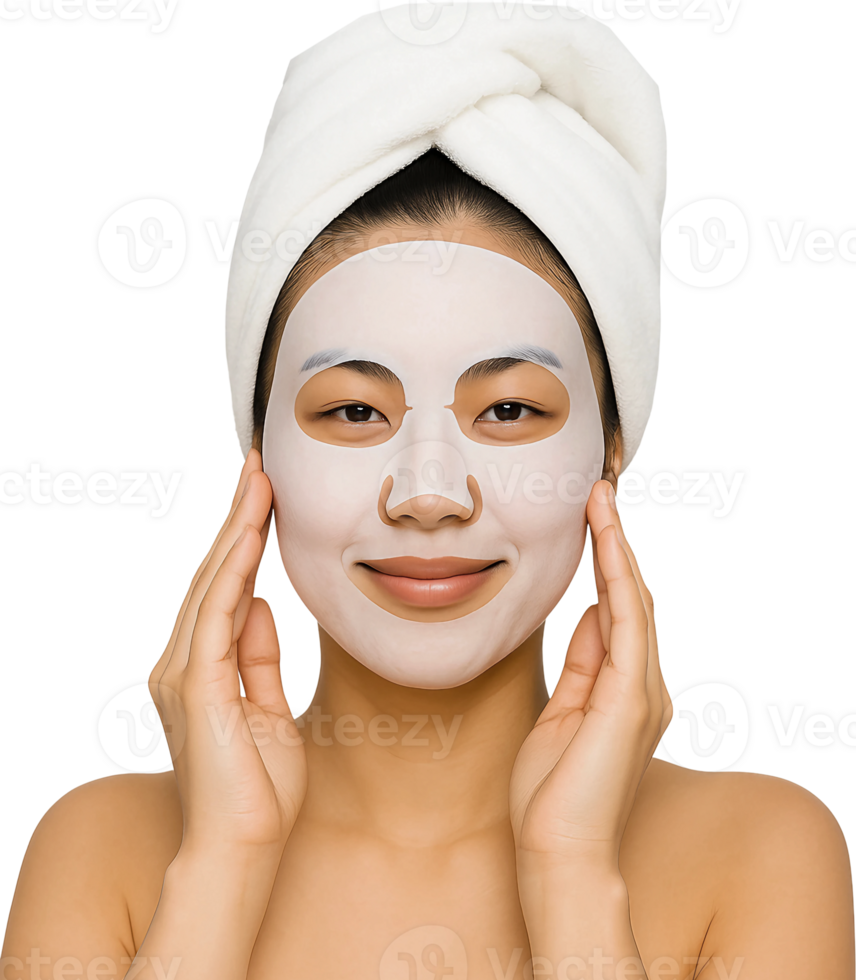A woman with a white towel on her head and a mask on her face png