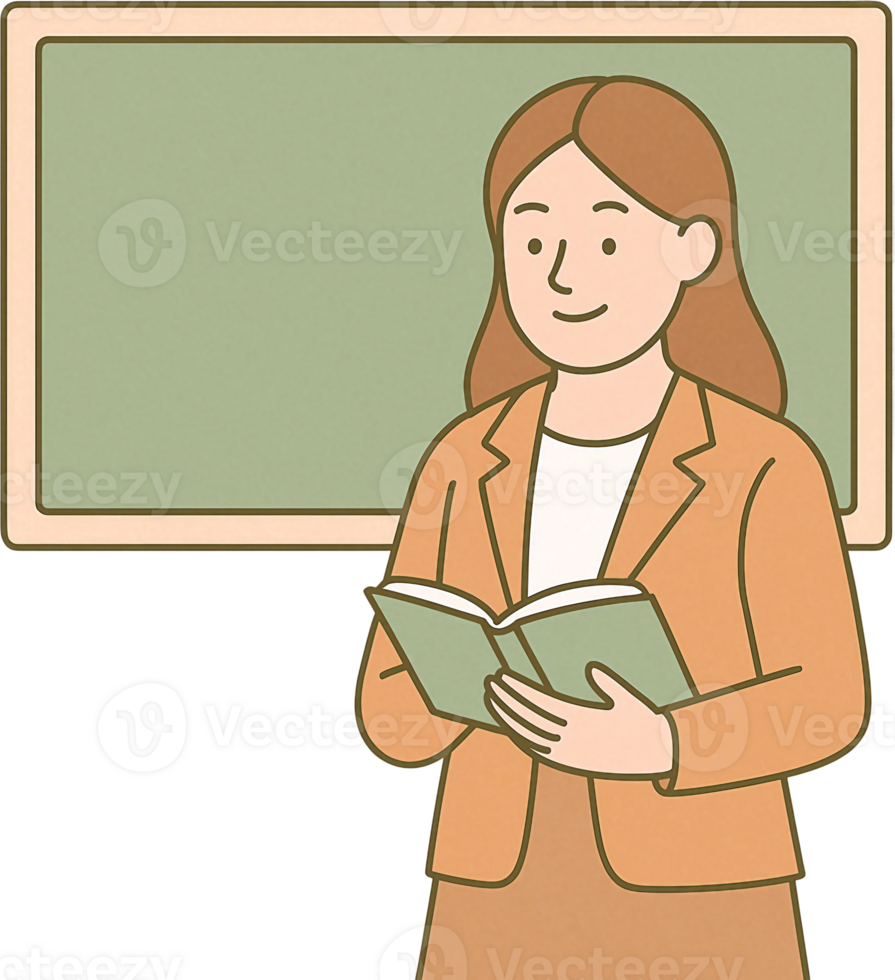 A woman holding a book in front of a blackboard png