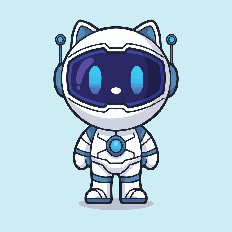 Cute robotic cat in white and navy spacesuit with glowing blue eyes, standing on light blue background. Minimalist, tech-style mascot in futuristic cartoon design. vector
