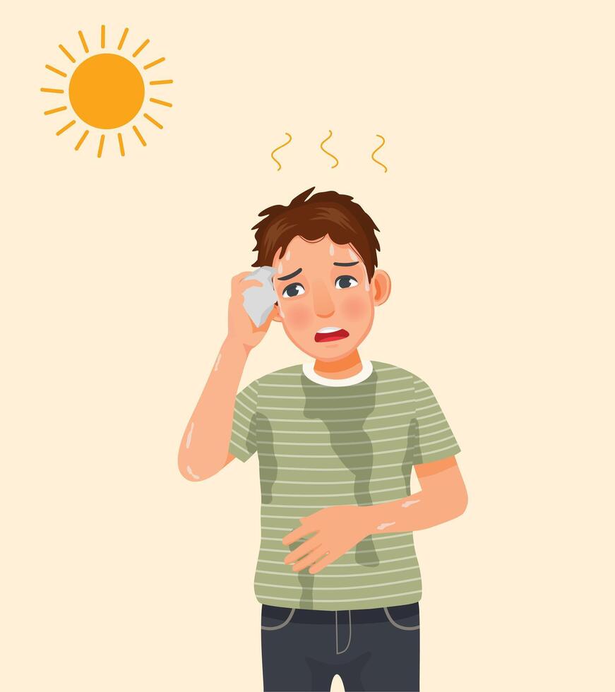 Young man sweating under very hot sunny day vector