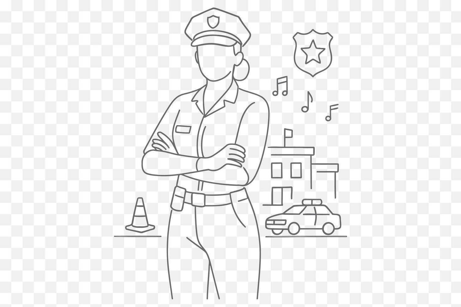 Female Police Officer Line Art Faceless Woman in Uniform with Patrol Car Station Minimalist Illustration vector
