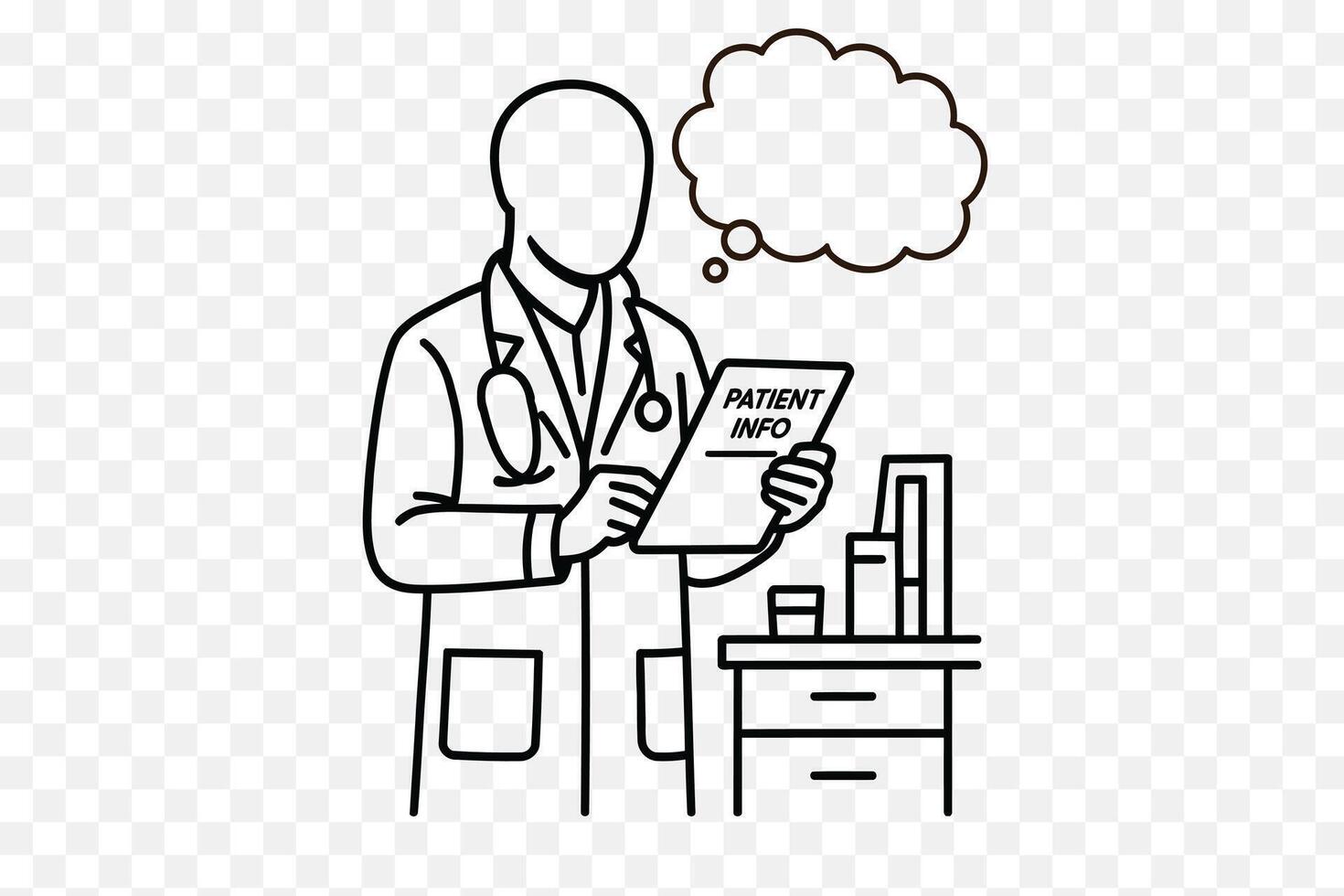 Doctor Reading Patient Info Line Art Medical Illustration with Thought Bubble vector